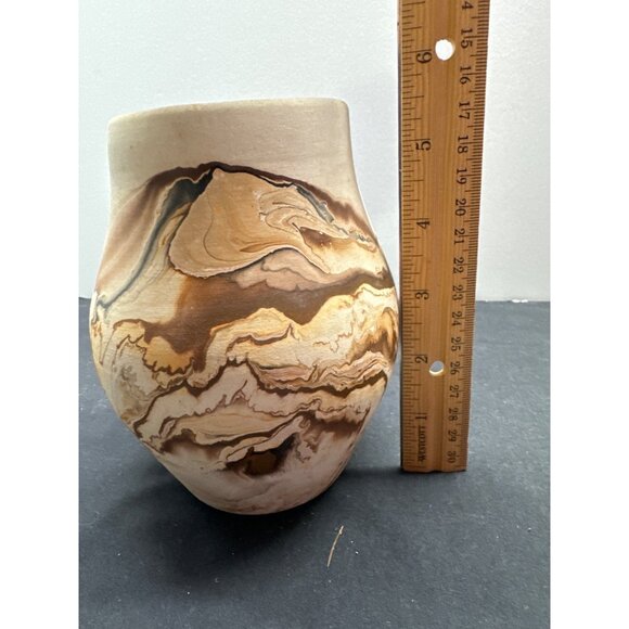 Nemadji PotteryHandcrafted USA Pottery Vase With Marbled Design In Brown Earthy - Picture 8 of 8